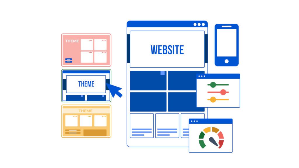 How to choose the right WordPress theme illustration with theme cards, selection cursor, and icons for speed, mobile, and customization