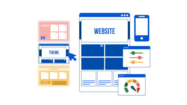 How to choose the right WordPress theme illustration with theme cards, selection cursor, and icons for speed, mobile, and customization