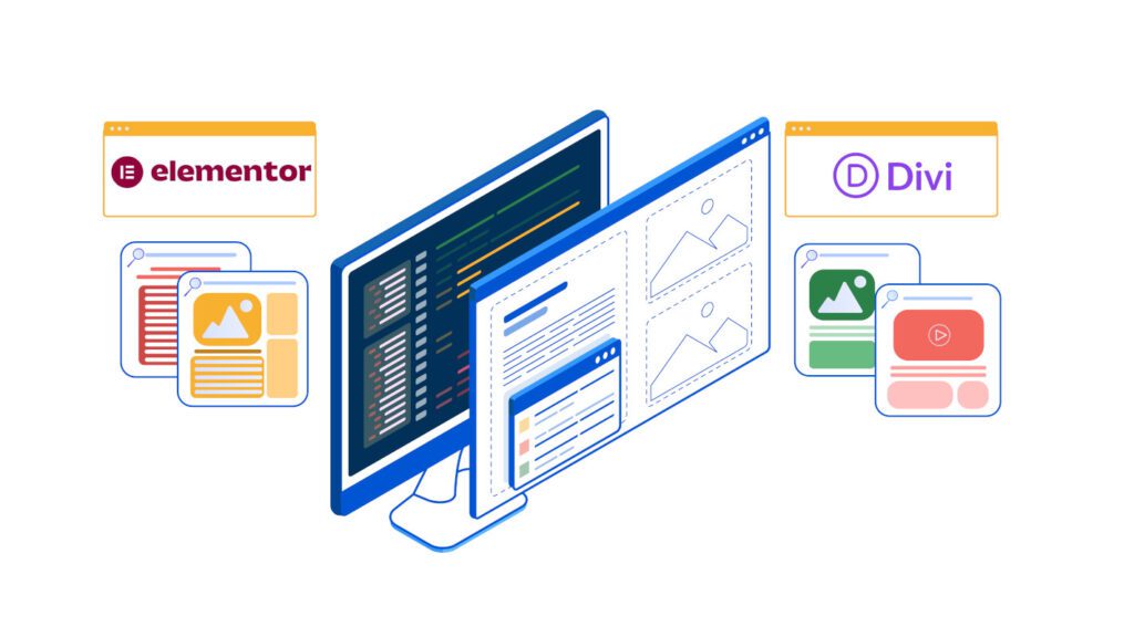 Elementor vs Divi split-screen graphic showing interface and template differences between the two builders