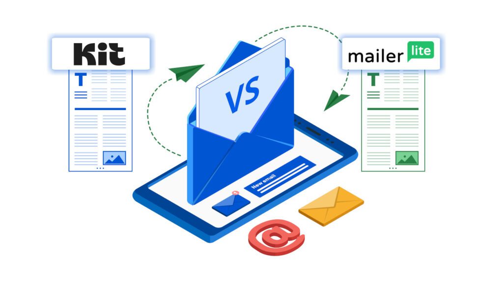 Kit vs MailerLite for email marketing graphic with split design, logos, and interface comparison