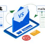 Kit vs MailerLite for email marketing graphic with split design, logos, and interface comparison