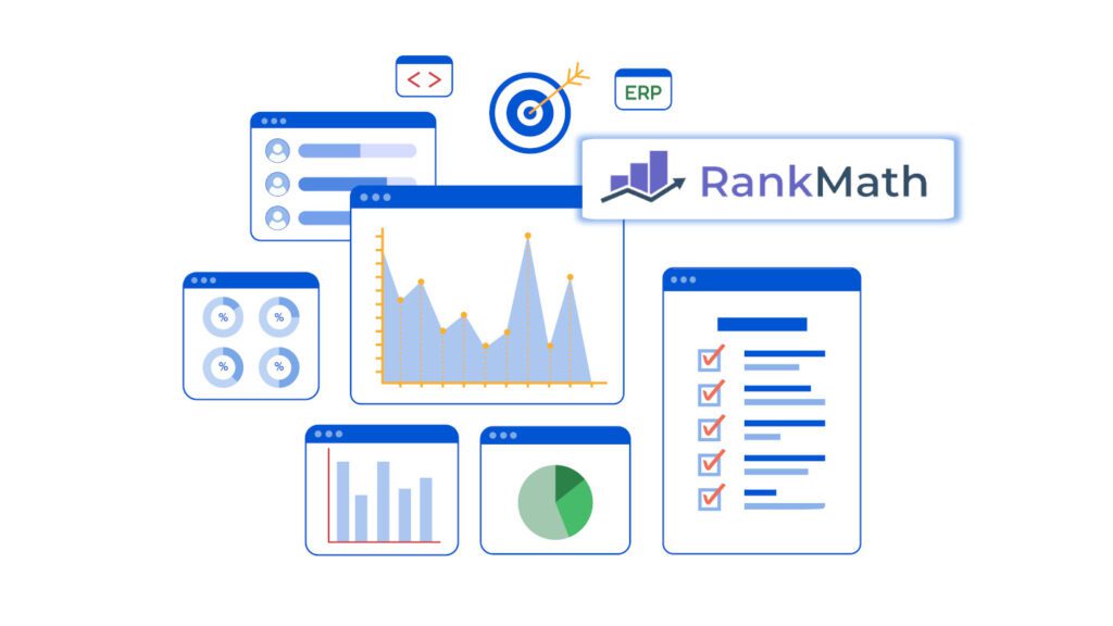 Beginner-friendly illustration of RankMath SEO setup with a clean dashboard and progress checklist