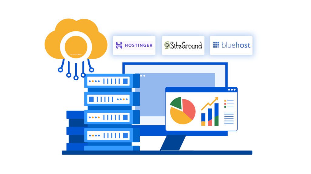 Best WordPress hosting for beginners visual with starter dashboard and branded cloud servers like Hostinger, Bluehost, and SiteGround