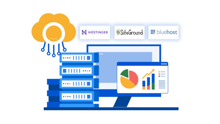 Best WordPress hosting for beginners visual with starter dashboard and branded cloud servers like Hostinger, Bluehost, and SiteGround