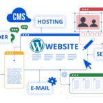 Illustration of essential WordPress tools for building a website, with icons for hosting, SEO, email, and design