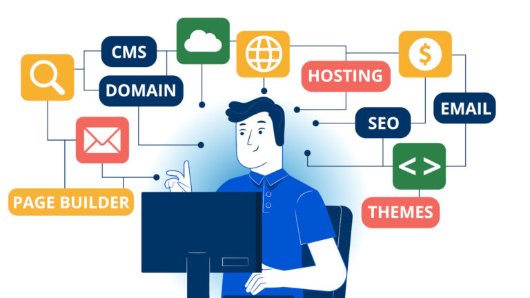 Illustration showing a young man using the best web tools for building a website.